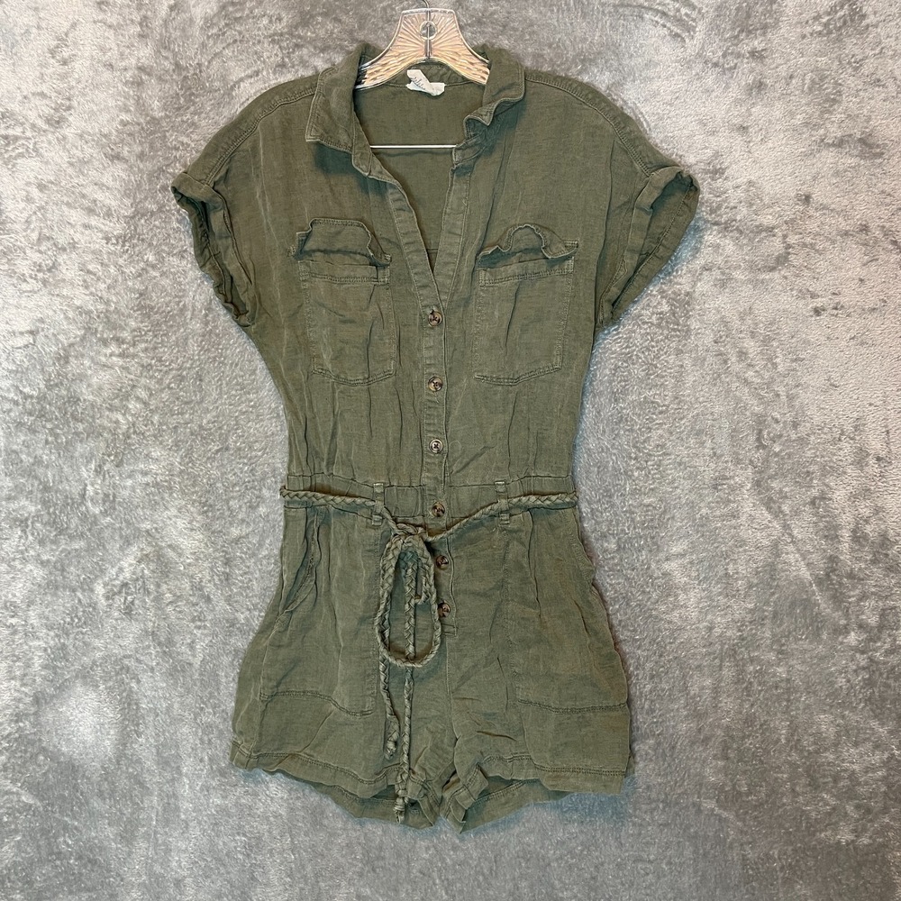 Nicole Miller Women Linen Blend Romper S Utility Safari Braided Belt Olive Green